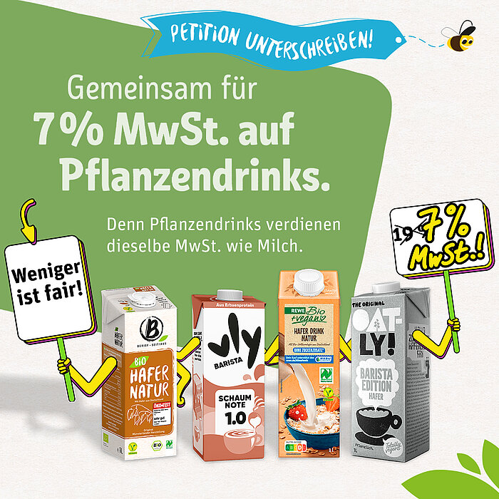 Symbolbild zur Petition für eine Mehrwertseuersenkung mit Getränkekartons, welche mit gezeichneten Armen Schilder dazu hochhalten