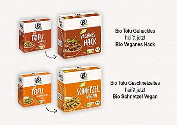 Vier Verpackungen von Tofu - neu: veganes Hack, Tofo geschnetzeltes neu: Schnetzel vegan.