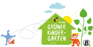 Ein animiertes Bild eines grünen Hauses mit Aufschrift Aktion grüner Kindergarten.