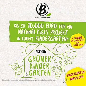 Plakat mit Hinweis: bis zu 10.000 Euro für ein nachhaltiges Projekt in eurem Kindergarten.