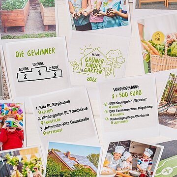 Aktion grüner Kindergarten 2022 Verschiedene Bilder von Kindern, Natur und Hinweise auf die Gewinner der grünen Kindergärten 2022.