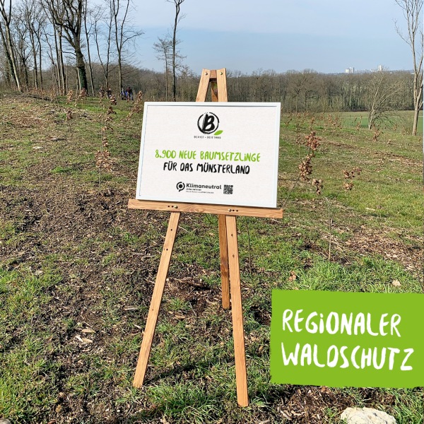 Aufsteller zum Thema regionaler Waldschutz auf einer Wiese vor einem Wald