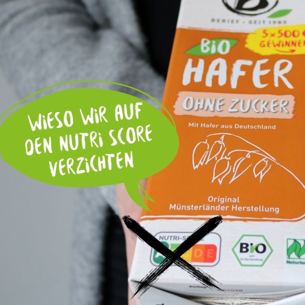 Getränkekarton Hafer mit Hinweis, dass auf den Nutri Score verzichtet wird.