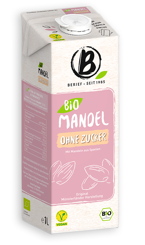 Abbildung der Packung von dem Berief Bio Mandel ohne Zucker Drink