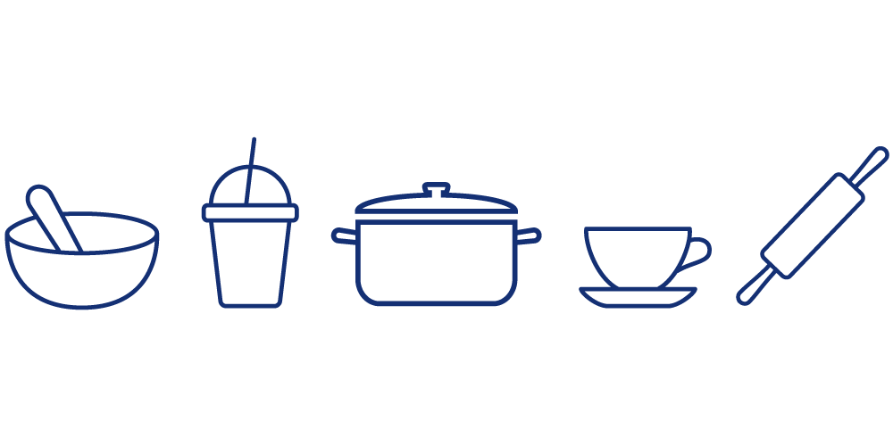 Icons von Küchengeräten Schüssel, Mixer, Topf, Tasse und Nudelholz